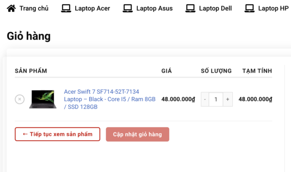 Giỏ hàng website bán laptop